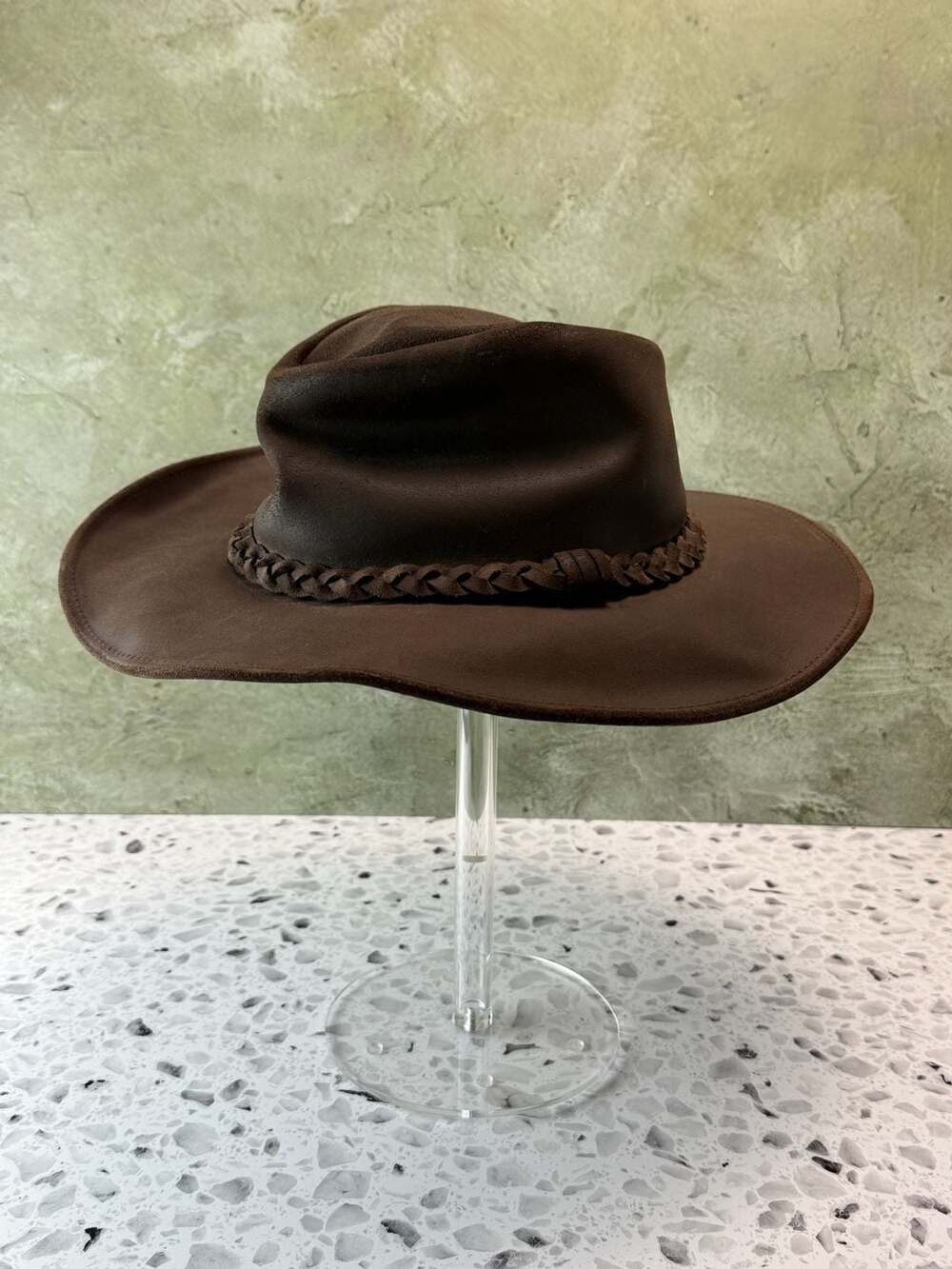 Henschel Hat Co. Brown Leather Crusher Western Cowboy Hat sz L